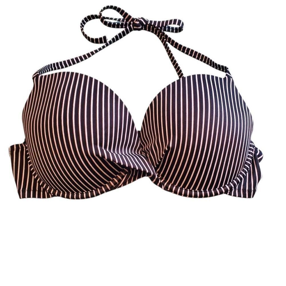 Shade & Shore Twist Front Molded Cup Black And White Striped Bikini Swimsuit Top